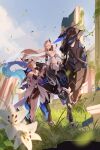  2girls absurdres armor bare_shoulders bianka_durandal_ataegina blonde_hair blue_eyes blue_sky breasts brown_hair cleavage dress falling_leaves flower gloves grass high_heels highres honkai_(series) honkai_impact_3rd large_breasts leaf long_hair looking_at_another mechanical_horse multicolored_clothes multicolored_dress multiple_girls official_art outdoors reins rita_rossweisse short_hair sidelocks sitting sky thighhighs white_dress white_gloves white_legwear ylceon 