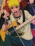  1boy 2boys artist_request bass_guitar blonde_hair blue_eyes concert electric_guitar english_commentary facial_mark guitar holding holding_microphone instrument male_focus microphone multiple_boys music naruto naruto_(series) ninja official_art playing_instrument short_hair singing smile solo_focus spiked_hair stage stage_lights teeth uzumaki_naruto whisker_markings 