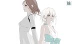  2girls breasts brown_hair closed_mouth dkground drag-on_dragoon drag-on_dragoon_1 dress furiae long_hair multiple_girls nier nier_(series) short_hair silver_hair simple_background white_background white_dress white_hair yonah 