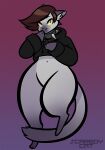  &gt;:3c ambiguous_gender anthro big_butt blue_eyes bottomless brown_hair butt clothed clothing collar crop_top cropped_hoodie digital_media_(artwork) digitigrade facial_piercing featureless_crotch fur grey_body grey_fur hair huge_butt im_scaredy_cat navel nose_piercing piercing septum_piercing shirt solo solo_focus topwear valery_funika wide_hips 