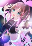  1girl :d absurdres black_gloves black_shirt blue_eyes breasts brown_hair crop_top fingerless_gloves gloves hair_ribbon highres jacket kitazume_kumie kizuna_ai kizuna_ai_inc. long_hair long_sleeves looking_at_viewer medium_breasts midriff multicolored_hair neon_lights open_clothes open_jacket outstretched_arm pleated_skirt ponytail ribbon shirt skirt smile solo streaked_hair virtual_youtuber white_jacket white_skirt 