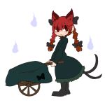  1girl :3 animal_ear_fluff animal_ears black_bow black_footwear blackbad blue_fire boots bow braid cat_ears cat_tail closed_mouth dress extra_ears eyes_visible_through_hair fire from_side full_body green_dress hair_between_eyes hair_bow hair_ribbon hitodama holding kaenbyou_rin looking_at_viewer multiple_tails nekomata pointy_ears red_eyes red_hair ribbon simple_background smile solo standing tail touhou tress_ribbon twin_braids twintails two_tails wheelbarrow white_background 