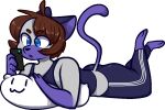  ambiguous_gender anthro bent_legs blue_eyes brown_hair digital_media_(artwork) domestic_cat felid feline felis fur grey_body grey_fur hair lying mammal phone pillow purple_body purple_fur raised_tail siamese solo solo_focus sovietcatparty sweatpants valery_funika 