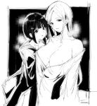  2girls alp bangs bare_shoulders blunt_bangs blush breasts greyscale hair_ornament highres large_breasts long_hair looking_at_viewer monochrome multiple_girls off_shoulder original parted_bangs parted_lips short_hair sidelocks smile sweat upper_body 