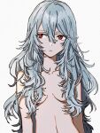 1girl alternate_hair_length alternate_hairstyle arms_at_sides ayanami_rei blue_hair breasts convenient_censoring iwawa long_hair looking_away navel neon_genesis_evangelion nude red_eyes simple_background solo stomach upper_body white_background 