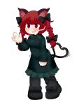  1girl :3 :d animal_ear_fluff animal_ears bangs black_bow black_footwear black_legwear black_ribbon blackbad blunt_bangs blush bow braid breasts cat_ears cat_tail dress extra_ears eyebrows_visible_through_hair fang fidgeting footwear_bow full_body green_dress hair_bow hair_ribbon hand_up heart heart_tail highres kaenbyou_rin leg_ribbon multiple_tails nekomata nervous_smile open_mouth pantyhose red_eyes red_hair ribbon simple_background small_breasts smile solo standing tail touhou trembling tress_ribbon twin_braids twintails two_tails unmoving_pattern waving white_background 