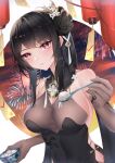  1girl artist_name azur_lane backless_dress backless_outfit bangs bare_shoulders black_flower black_hair black_legwear black_rose breasts chen_hai_(azur_lane) chen_hai_(vestibule_of_wonders)_(azur_lane) china_dress chinese_clothes chinese_commentary cleavage clothing_cutout collarbone covered_navel dessert detached_sleeves dress elbow_gloves eyebrows_visible_through_hair fireworks flower food forehead gloves gold_trim hair_ornament halter_dress halterneck highres holding holding_spoon lantern lantern_festival large_breasts looking_at_viewer official_alternate_costume paper_lantern parted_lips red_eyes rose see-through sidelocks sking sky_lantern solo spoon tight tight_dress upper_body 