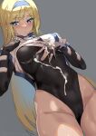 1girl arms_up ashiomi_masato black_gloves black_leotard blonde_hair blue_eyes blush bodysuit breasts cameltoe covered_navel cum cum_on_body cum_on_clothes dress eyebrows_visible_through_hair fingerless_gloves fingernails gloves grey_background guilty_gear guilty_gear_x guilty_gear_xx hair_between_eyes hairband hand_on_own_chest headband highleg highleg_leotard highres large_breasts leotard long_hair long_sleeves looking_at_viewer millia_rage partially_visible_vulva simple_background solo thighs twitter_username very_long_hair 