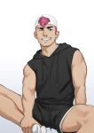  1boy bara biceps chain hat jacket koji_(wildlhz) looking_at_viewer male_focus muscular muscular_male nose_piercing original piercing pink_hair shorts sitting smile socks thick_eyebrows 