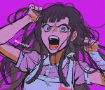  1girl apron bangs black_hair breasts brown_hair collared_shirt commentary_request danganronpa_(series) danganronpa_2:_goodbye_despair holding holding_hair large_breasts long_hair looking_at_viewer messy_hair miying_(ho_ru03_15) mole mole_under_eye multicolored_hair open_mouth pink_background pink_shirt puffy_short_sleeves puffy_sleeves shirt short_sleeves sketch solo teeth tsumiki_mikan two-tone_hair upper_body 