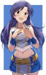  1girl :d absurdres belt blue_background blue_hair blush brown_hair commentary_request cowboy_shot groin hand_on_own_chest happy_birthday highres idol idolmaster idolmaster_(classic) idolmaster_million_live! jewelry kisaragi_chihaya long_hair looking_at_viewer miniskirt multicolored_hair navel necklace open_mouth shirt shuucream_(syuichi) simple_background skirt sleeveless sleeveless_shirt smile solo two-tone_hair 