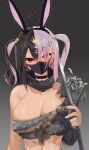  1girl animal_ears armor bangs bare_shoulders black_hair blush breasts choker cleavage earrings elden_ring eyebrows_visible_through_hair fake_animal_ears hair_over_one_eye highres holding holding_sword holding_weapon indie_virtual_youtuber jewelry long_hair looking_at_viewer mask mole mole_under_eye mouth_mask multicolored_hair pauldrons pink_hair rabbit_ears red_eyes satou_daiji shoulder_armor solo sword symbol-shaped_pupils towa_(towa_akqj10) twintails two-tone_hair virtual_youtuber weapon 