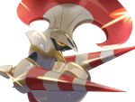  armor colored_sclera commentary escavalier from_side glint highres mian_(3zandora) plume pokemon pokemon_(creature) profile red_eyes shiny simple_background white_background yellow_sclera 