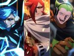  3boys blue_eyes blue_hair crossed_arms domo_(domo_kizusuki) fire gauntlets glasses gloves green_eyes green_hair headphones male_focus multiple_boys one_piece red_eyes red_hair scarf smile smirk thunder vinsmoke_ichiji vinsmoke_niji vinsmoke_yonji 