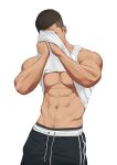  1boy abs bara brown_hair clothes_lift covered_face highres koji_(wildlhz) large_pectorals male_focus muscular muscular_male navel_hair original pants pectoral_cleavage pectorals shirt shirt_lift sideburns tank_top 
