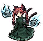  1girl animal_ears bangs black_bow blue_fire bow braid breasts cat_ears cat_tail closed_mouth dress eyebrows_behind_hair feet_out_of_frame fire flaming_skull floating_skull frills green_dress hair_bow hair_ribbon hand_up highres hitodama kaenbyou_rin lis long_hair looking_ahead multiple_tails nekomata official_style petticoat red_eyes red_hair ribbon simple_background skull sleeves_past_wrists small_breasts smile solo standing tail touhou tress_ribbon twin_braids twintails two_tails white_background 