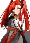  1girl absurdres arknights blue_eyes blush choker dragon_horns highres horns kamiya_mitobe long_hair looking_at_viewer oripathy_lesion_(arknights) red_hair simple_background sketch solo toddifons_(arknights) twintails upper_body white_background 