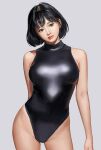  1girl arm_behind_back bangs black_hair black_swimsuit bob_cut breasts contrapposto corgi_(corgi0322) cowboy_shot groin head_tilt highleg highleg_swimsuit highres lips looking_at_viewer nose one-piece_swimsuit original realistic shiny shiny_clothes shiny_swimsuit short_hair simple_background solo standing swimsuit turtleneck turtleneck_swimsuit 