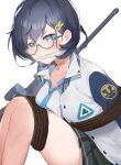  1girl absurdres assault_rifle black_hair blue_archive blue_eyes bound breasts bunny_hair_ornament chihiro_(blue_archive) cleavage gagged glasses gun hair_ornament highres jacket layer_(shinobu) necktie rifle rope short_hair sweat tied_up_(nonsexual) weapon white_background 