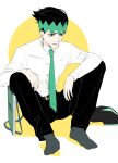  1boy black_hair dress_shirt earrings formal green_eyes headband jacket jacket_removed jewelry jojo_no_kimyou_na_bouken kishibe_rohan male_focus necktie no_shoes shirt sitting sketchbook socks solo wuziky00 