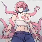  1girl absurdres artist_name blue_pants borrowed_character breasts bursting_breasts choker cocopeace dated gradient gradient_background groin hair_over_one_eye highres large_breasts mask midriff mouth_mask navel overmind_(starcraft) pants personification pink_eyes pink_hair short_hair solo starcraft tank_top tentacles upper_body 