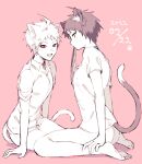  2boys :d amido_(compassion273) animal_ears arm_support ass bangs bare_legs barefoot brown_hair cat_boy cat_ears cat_tail collared_shirt danganronpa_(series) danganronpa_2:_goodbye_despair dated dual_persona fang highres hinata_hajime hinata_hajime_(awakened) kemonomimi_mode male_focus male_underwear male_underwear_removed mouth_hold multiple_boys no_male_underwear profile red_eyes shirt short_sleeves simple_background sitting smile tail underwear wariza white_hair white_shirt 