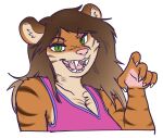  absurd_res atrolux breasts brown_stripes claws cleavage clothed clothing fangs felid female fur hair hi_res lisa_(tiger) mammal multicolored_hair orange_body orange_fur pantherine pupils slit_pupils smile solo stripes tiger trans_(lore) trans_woman_(lore) two_tone_hair 