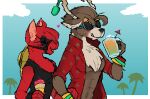  anthro beach blush brown_body camelid capreoline cervid clothing digital_media_(artwork) dolph_(fortnite) duo epic_games fortnite fur hair heartbreaker_(fortnite) llama male male/male mammal peach- red_body reindeer seaside simple_background smile tongue video_games white_background 