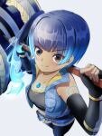  1girl blue_hair blue_shorts brown_eyes chest_jewel fiery_hair glowing_lines hammer high_tops highres inuneco sena_(xenoblade) shorts shoulder_strap side_ponytail solo sports_bra xenoblade_chronicles_(series) xenoblade_chronicles_3 