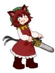  1girl :3 :d animal_ear_fluff animal_ears bangs blackbad blood blood_on_clothes boots bow bowtie brown_footwear cat_ears cat_tail chainsaw chen commentary dress earrings eyebrows_visible_through_hair fang full_body green_headwear hair_between_eyes hat holding holding_chainsaw jewelry long_sleeves looking_down medium_hair mob_cap multiple_tails nekomata open_mouth petticoat puffy_long_sleeves puffy_sleeves pun red_dress sanpaku simple_background single_earring smile solo standing tail touhou two_tails white_background yellow_bow yellow_bowtie 