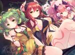  4girls :d ;) \m/ absurdres breasts character_request cleavage cowboy_shot dress duel_monster green_eyes green_hair highres kanzakietc medium_breasts midriff multiple_girls navel one_eye_closed panties pink_eyes pink_hair red_hair sitting small_breasts smile tattoo traptrix_allomerus traptrix_mantis traptrix_sera underwear white_panties yellow_dress yellow_eyes yu-gi-oh! 