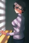  1girl bangs black_hair breasts closed_mouth coke-bottle_glasses commentary_request curtains dark_skin expressionless glasses hair_between_eyes hashi indoors long_sleeves looking_at_viewer medium_breasts original short_hair solo tan tomboy turtleneck 