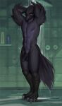  anthro avian bird black_body black_feathers bottle corvid corvus_(genus) enlas feathers flaccid genitals guppic hand_on_head hi_res looking_at_viewer male nude oscine passerine penis raven shampoo_bottle showering solo water 