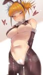  1girl absurdres animal_ears arms_behind_back ass_visible_through_thighs bangs bare_shoulders blonde_hair blunt_bangs blush boku_no_hero_academia bow bowtie breasts cameltoe covered_nipples cowboy_shot double_bun elbow_gloves fake_animal_ears from_below gloves heart highres large_breasts meme_attire navel pouty_lips rabbit_ears revealing_clothes reverse_bunnysuit reverse_outfit sidelocks toga_himiko tsurime underboob yellow_eyes zd_(pixiv6210083) 