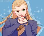  1boy blonde_hair diamond_wa_kudakenai gakuran green_eyes hazekura_mikitaka jojo_no_kimyou_na_bouken long_hair male_focus one_eye_closed open_mouth pointing pointy_ears school_uniform solo wuziky00 