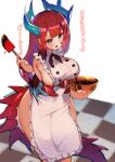  1girl apron aqua_eyes blue_horns blush breasts checkered_floor chocolate_making dragon_girl duel_monster highres horns kitchen_dragonmaid large_breasts maid maid_apron naked_apron open_mouth red_hair spatula tail yaibaken yu-gi-oh! 