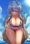  1girl blue_eyes blue_hair blush breasts cloud duel_monster eria_the_water_charmer eyebrows_visible_through_hair hair_between_eyes highres huge_breasts outdoors robe solo standing swimsuit water yaibaken yu-gi-oh! 