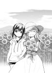  2girls ^_^ ^o^ arm_at_side bangs blush bouquet casual closed_eyes closed_mouth collarbone cowboy_shot day drawstring facing_viewer field floating_hair flower flower_field greyscale hair_ribbon halftone hands_up happy hat hatching_(texture) heads_together highres holding holding_bouquet hood hood_down hoodie leaf light_particles linear_hatching locked_arms long_hair long_skirt looking_at_viewer minagi_hiyori minagi_koharu monochrome mountainous_horizon multiple_girls nature official_art open_mouth outdoors ribbon scenery shade shirt shirt_tucked_in short_hair short_sleeves shorts side-by-side sidelocks skirt sky slow_loop smile split_mouth standing step-siblings straight-on straw_hat sun_hat sunflower two_side_up uchino_maiko 
