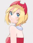  1girl bangs blonde_hair blue_eyes blush breasts closed_mouth collar commentary_request eyelashes grey_background hair_between_eyes hairband highres irida_(pokemon) looking_back pokemon pokemon_(game) pokemon_legends:_arceus red_hairband red_shirt ririmon shirt short_hair simple_background sketch solo sweatdrop upper_body 