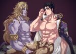  2boys armlet bare_pectorals belt birthmark coat coat_on_shoulders colored_skin dio_brando eyepatch facial_mark hat hat_removed headwear_removed heaven_ascended_dio highres joestar_birthmark jojo_no_kimyou_na_bouken jojo_no_kimyou_na_bouken:_eyes_of_heaven kujo_jotaro large_pectorals less_end long_hair male_focus multiple_boys muscular muscular_male nipples on_bed open_belt open_fly pectorals purple_skin sitting sitting_on_bed sitting_on_lap sitting_on_person snake_print topless_male 