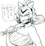 1girl bandeau breasts cleavage club_(weapon) electabuzz fake_horns greyscale hairband horns large_breasts monochrome multicolored_hair oni_horns personification pokemon sharp_teeth short_hair signature solo spacezin streaked_hair sweatdrop teeth translation_request upper_body weapon 