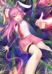  1girl ;d absurdres animal_ears bad_perspective bamboo bangs breasts crescent diffraction_spikes feet_out_of_frame finger_gun foreshortening glint hair_between_eyes highres large_breasts long_hair matcha_lemon necktie night night_sky one_eye_closed outdoors perspective purple_hair rabbit_ears red_eyes reisen_udongein_inaba sky smile solo star_(sky) thigh_strap touhou twisted_torso 