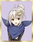  1girl absurdres blue_scarf commission dakkalot fire_emblem fire_emblem_heroes fire_emblem_if hair_bun hair_ornament hairpin highres kanna_(female)_(fire_emblem_if) kanna_(fire_emblem_if) nintendo open_mouth pointy_ears scarf simple_background solo upper_body white_hair 
