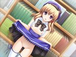  1girl breasts censored game_cg indoors nipples no_panties pussy school_uniform skirt skirt_lift solo thighhighs 