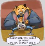  anal anthro benjamin_clawhauser big_ears carrying cheetah clenched_teeth clothing disney eyes_closed felid feline female grey_body hands_on_table judy_hopps lagomorph larger_male leporid male male/female mammal oral overweight overweight_male police_uniform purple_eyes rabbit rimming sex size_difference smaller_female speech_bubble spots spotted_body teeth thehumancopier through_clothing uniform wide_eyed yellow_body zootopia 