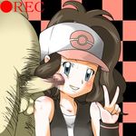  baseball_cap blue_eyes brown_hair censored fat fat_man hairy hat lowres penis penis_against_cheek pokemon pokemon_(game) pokemon_black_and_white pokemon_bw pubic_hair refuto smile touko_(pokemon) v white_(pokemon) 