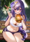  1girl alternate_costume bangs bench braid braided_ponytail breasts burger crossed_bangs eating english_commentary flower food genshin_impact hair_flower hair_ornament highres holding holding_food large_breasts long_hair midriff mole mole_under_eye nail_polish navel open_mouth outdoors purple_eyes purple_flower purple_hair purple_nails raiden_shogun short_shorts shorts sitting solo sports_bra squchan stomach thighs tree very_long_hair white_sports_bra 