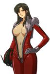  areolae bodysuit breasts center_opening cima_garahau green_hair gundam gundam_0083 hand_on_hip helmet kitahara_aki large_breasts long_hair navel no_bra open_clothes pilot_suit pubic_hair solo 