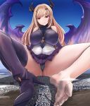  1girl absurdres bare_shoulders barefoot black_panties blonde_hair boots breasts city closed_mouth covered_collarbone dark_angel_olivia destruction dress elbow_gloves giantess gloves granblue_fantasy highres horns huge_filesize ibaraado large_breasts long_hair looking_down panties pantyshot pantyshot_(sitting) pleated_skirt purple_dress purple_footwear purple_gloves purple_skirt red_eyes shingeki_no_bahamut shoes sidelocks single_shoe sitting skirt smile soles solo thigh_boots thighhighs toes underwear wings 