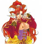  1girl breasts breasts_outside brown_eyes earrings female game_arts grandia grandia_ii jewelry large_breasts long_hair looking_at_viewer lowres millenia millenia_(grandia) nail_polish nipples no_bra orange_hair photo_shop photoshop solo white_background 